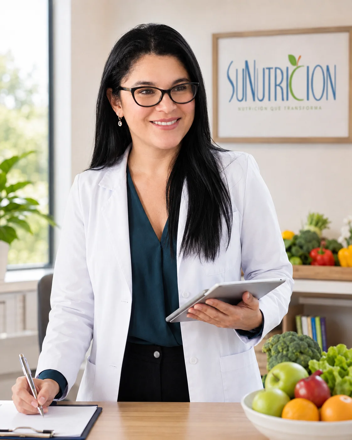 Dra. Susana Arroyo, nutricionista, con tablet en su consultorio