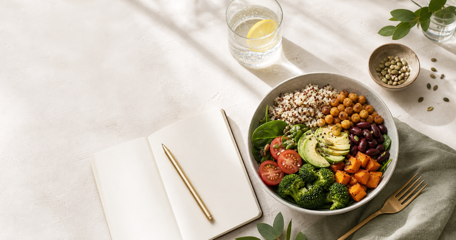 Mesa cálida con un plato balanceado, cuaderno abierto y alimentos frescos